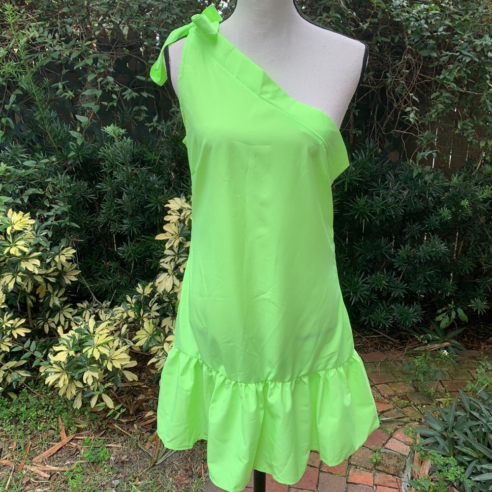 CBR One-Shoulder Neon Green Ruffle-Hem Dress